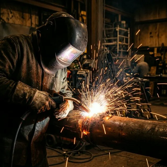 Detailní pohled na svářečské práce s odletujícími jiskrami