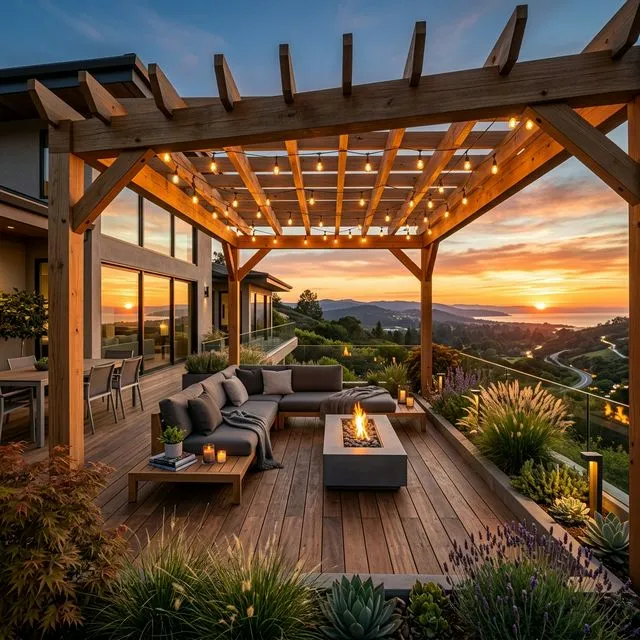 Kvalitně postavená dřevěná venkovní terasa s pergolou při západu slunce